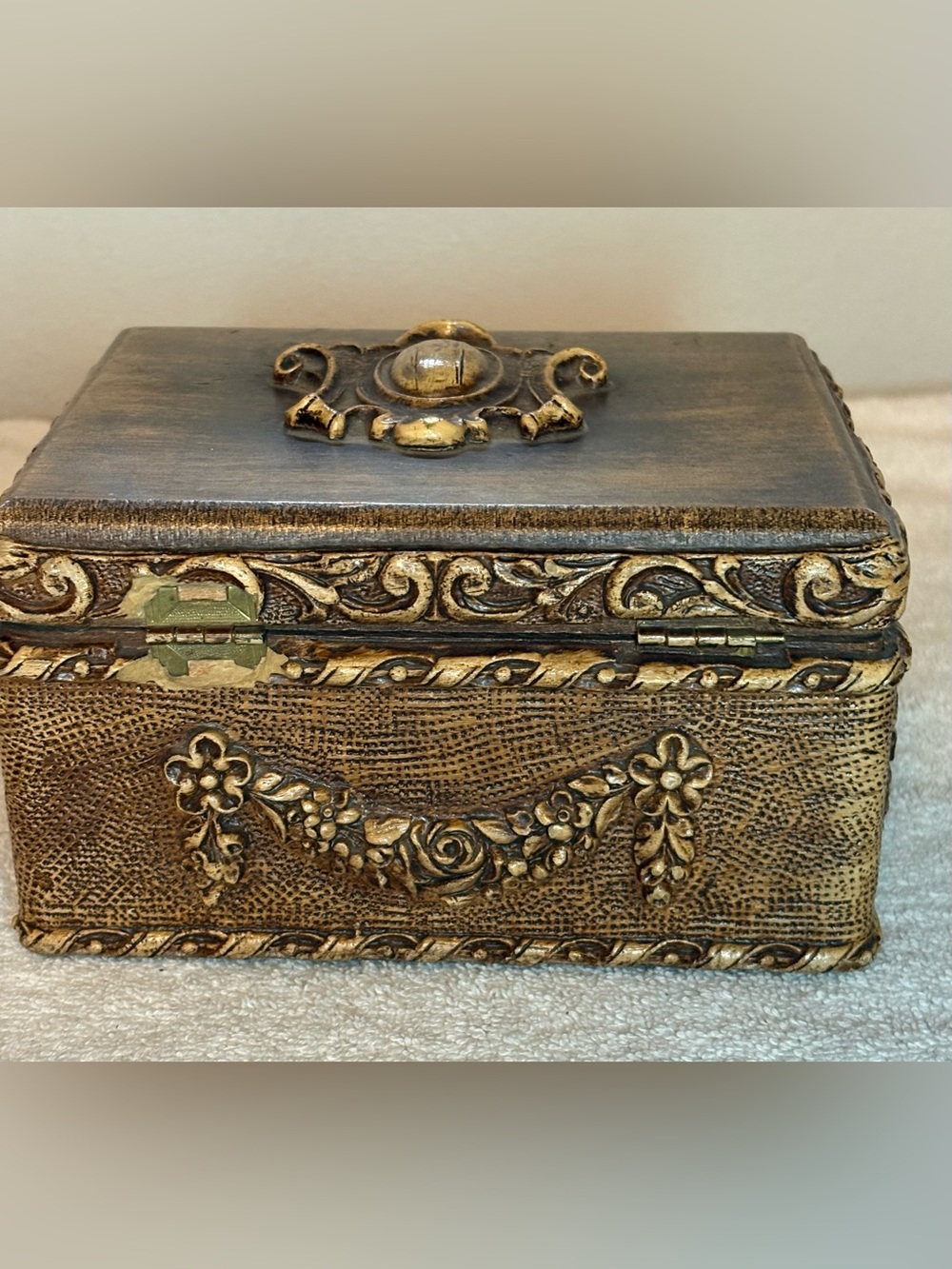 Vintage Ornate Jewelry Trinket Box Brown Gold Floral Syroco Style 6” - Picture 4 of 11